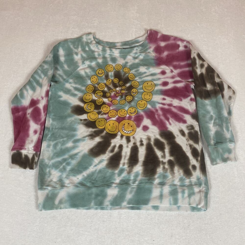 Mighty Fine Sweatshirt Womens XL Tie Dye Smiley Face Graphic Crewneck Y2K